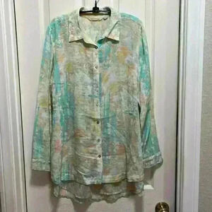 Soft Surroundings Gauzy Cotton High Low Floral Blouse Top Lagenlook Tunic Large